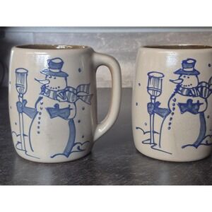 Vintage 1995 BBP Salt Glazed Stoneware Snowman Mugs Set of 2 Blue Cobalt Pottery